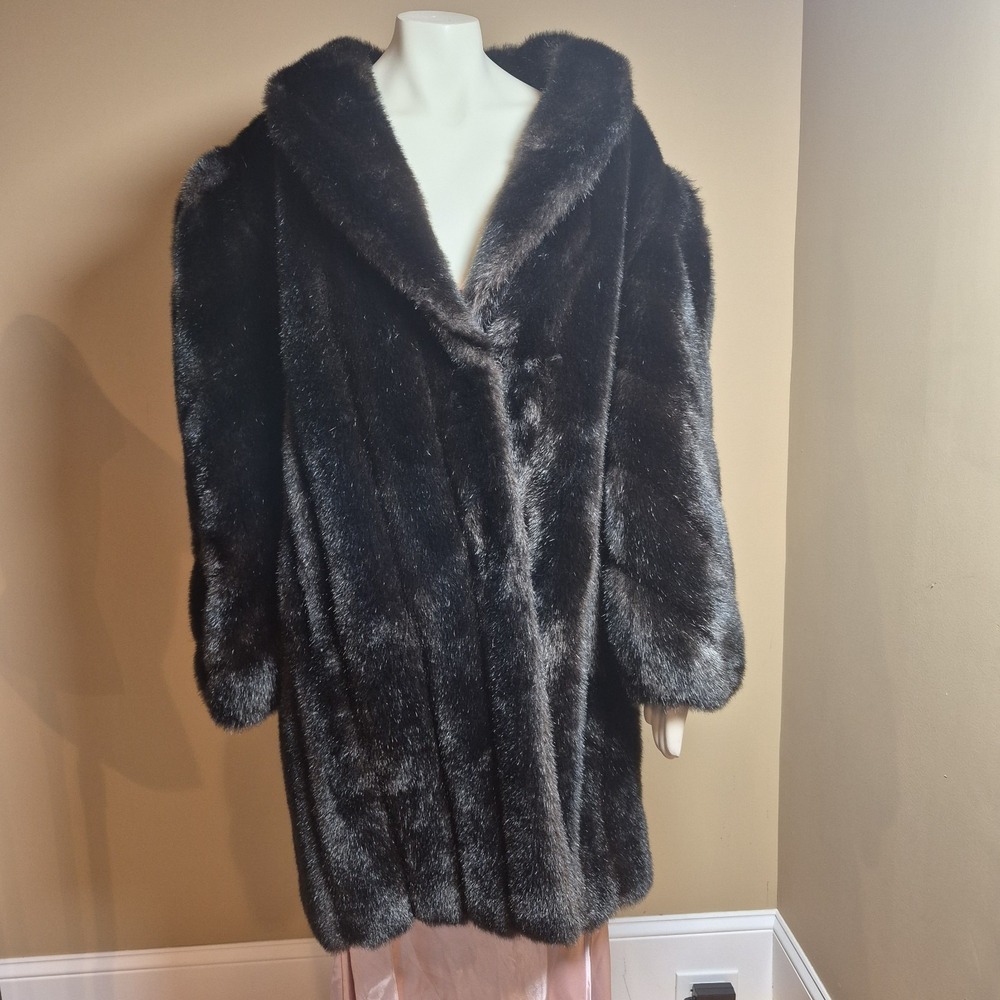 Vintage Made in USA Faux Fur Coat Dark Brown Shawl Collar Mid Length Jacket L